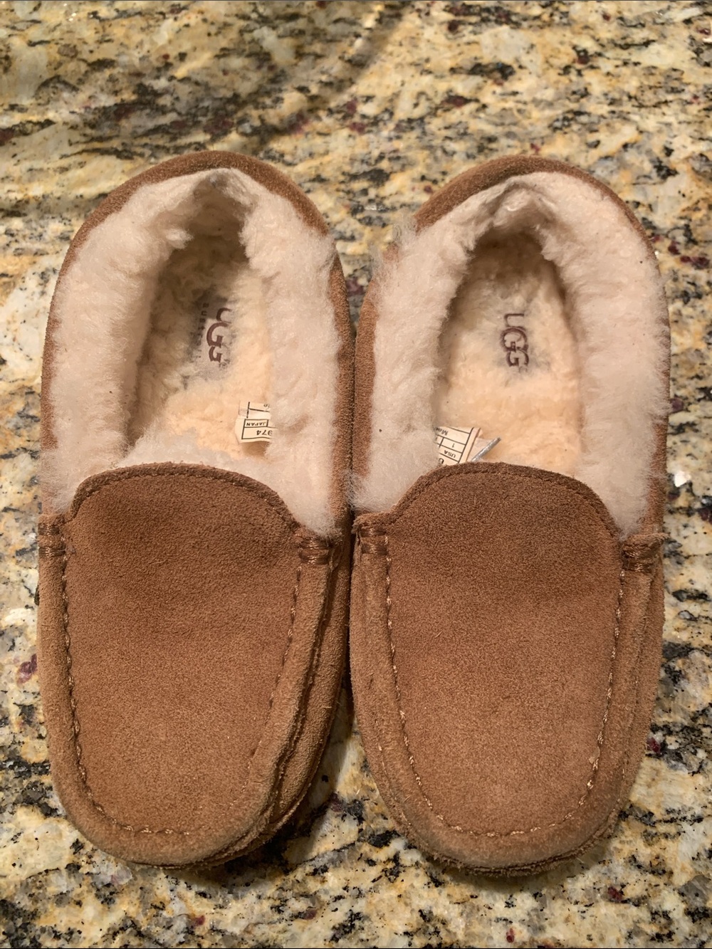 UGG Kids Chestnut Brown Suede Shearling Moccasin Slippers